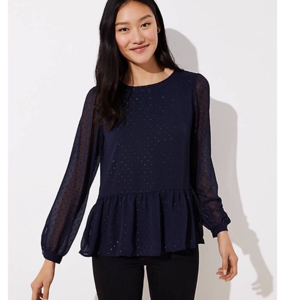 LOFT Swiss Dot Tie Back Blouse Navy